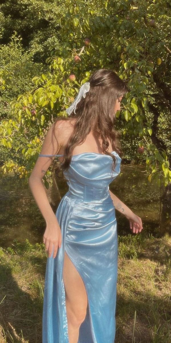 Elegant light blue strappy satin long prom dress with slits and bridesmaid dress TP2560