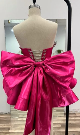 Gorgeous Hot Pink Satin Beaded Homecoming Dress Short Birthday Dress With Bow S488
