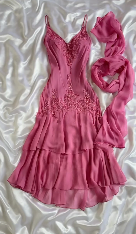 Cute A Line Spaghetti Straps Appliques Tiered Pink Chiffon Evening Dress Party Dress SH2680
