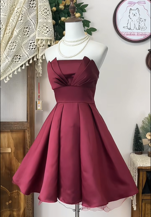 Simple A Line Strapless Burgundy Satin Short Homecoming Dress Cocktail Dress SH3010