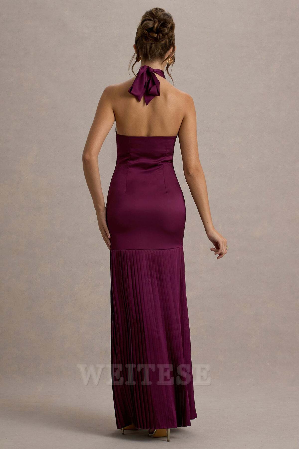 Dress Burgundy Satin Cross Halter-Neck Plisse Maxi Dress Prom Dress Lace Up Sleeveless Hem Slit Bridesmaid Dress