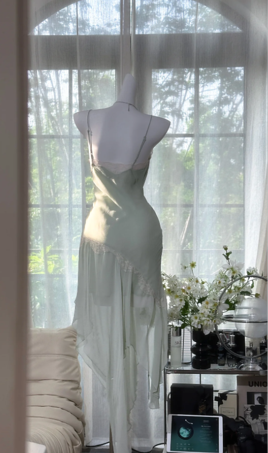 Sexy Light Green Chiffon Lace Pleated Mermaid Long Party Dress Prom Dresses D940