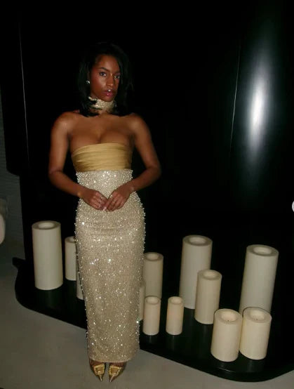 Shiny Sheath Strapless Long Yellow Sequin Satin Party Dresses Prom Dresses SH2898