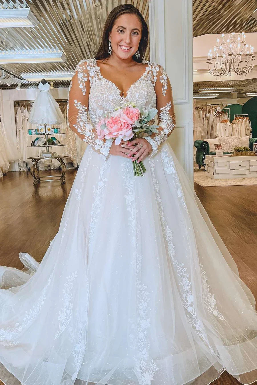 Deep V Neck Floral Lace Long Sleeve Wedding Dress