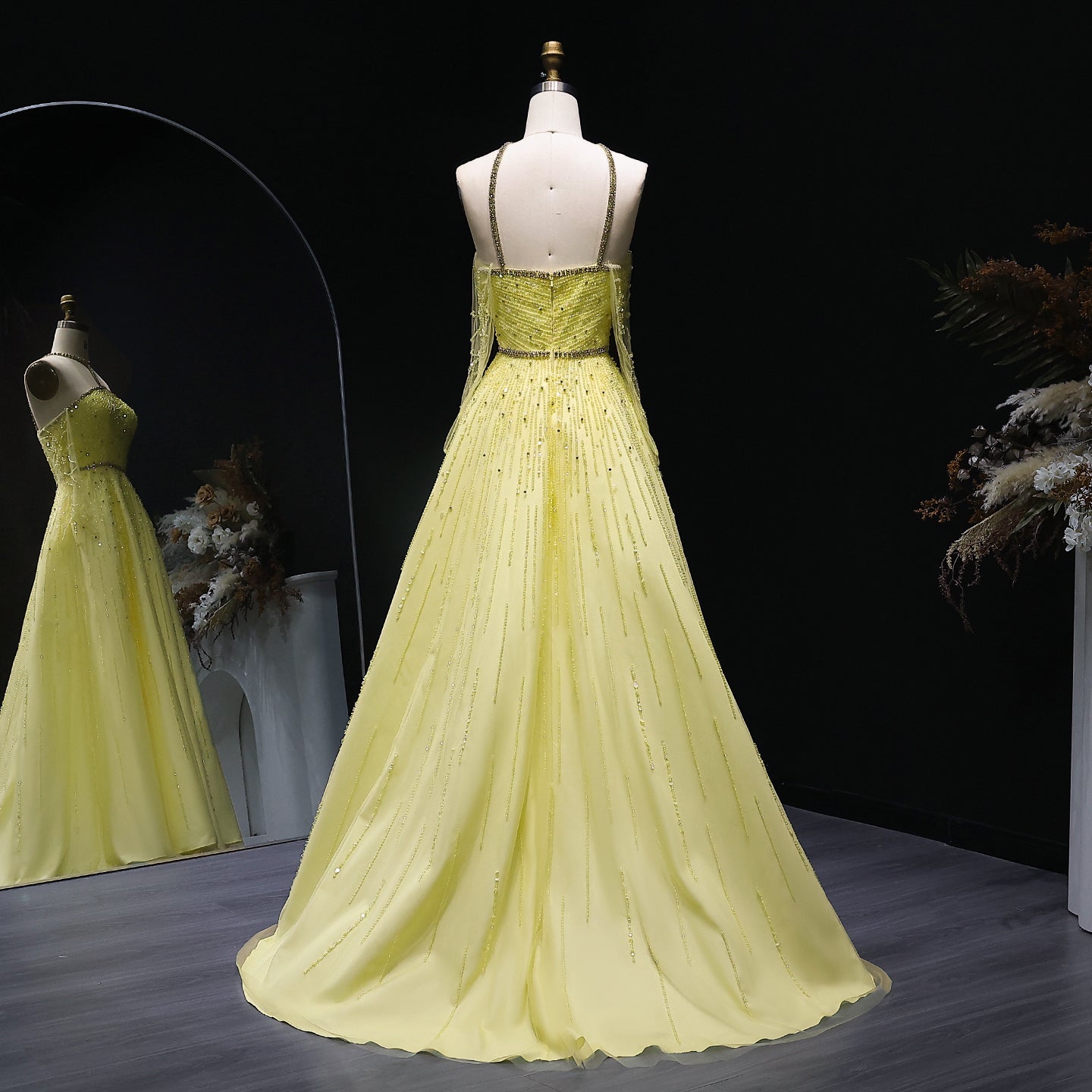 Sparkly Beaded Yellow Halter Evening Dress with Gloves SS313