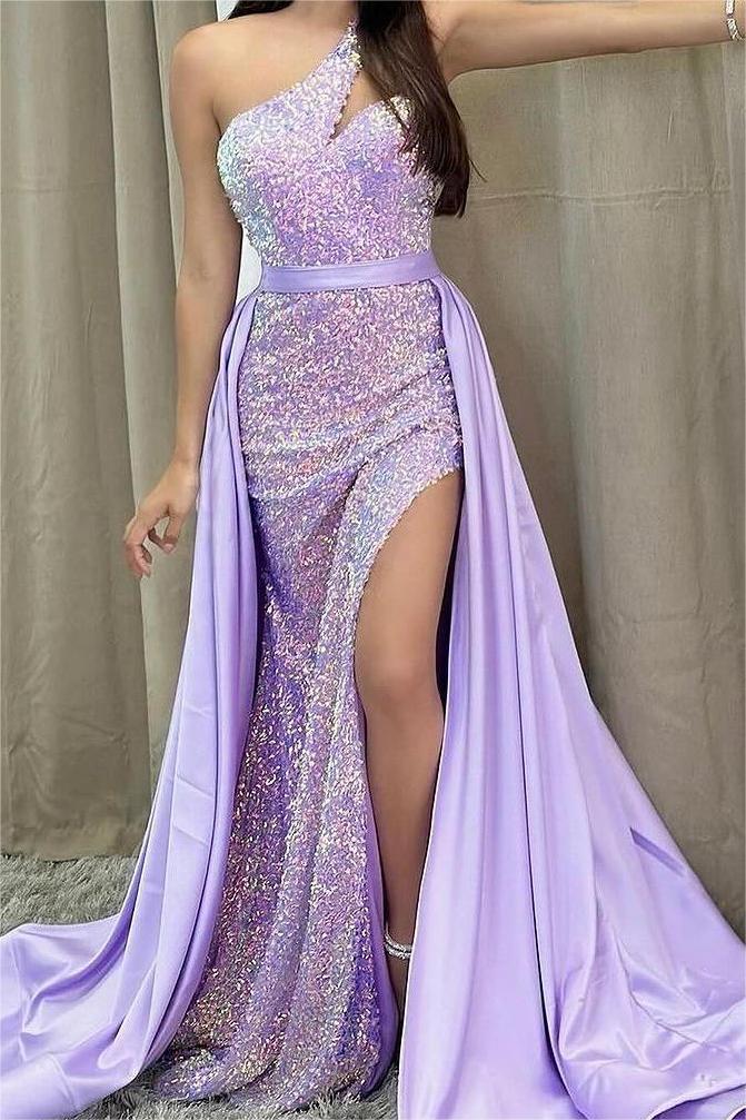 Hellodresses Chic Lilac Sequins One Shoulder Sleeveless Mermaid Split Prom Dress With Belt