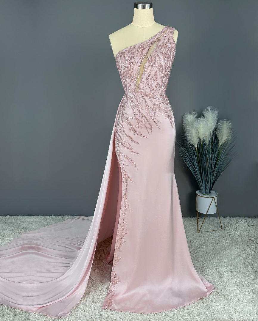 Blushing Pink Prom Dress Long Mermaid Sequins Sleeveless One Shoulder X0026