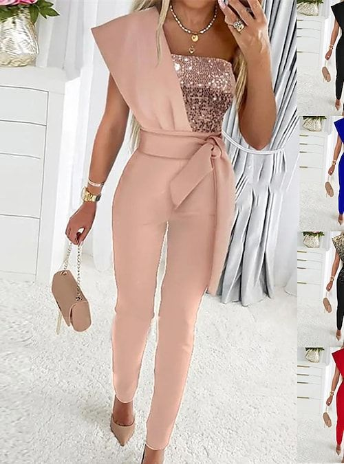 Hellodresses Glamorous Sequins Pink One Shoulder Sleeveless Tight Belted Jumpsuit