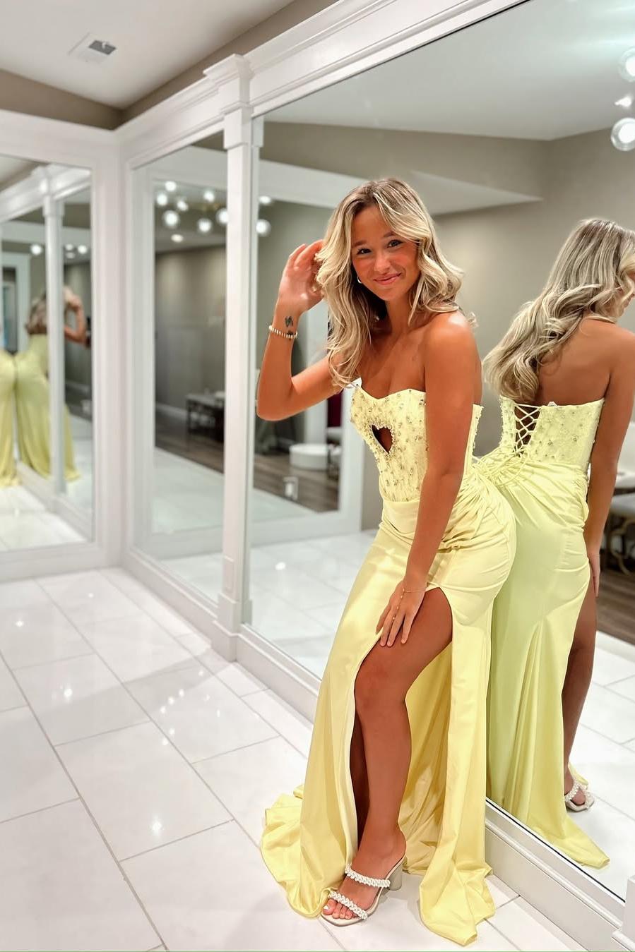 Beautiful Daffodil Satin Sleeveless Strapless Split Prom Dress with Beadings | Zelldresses