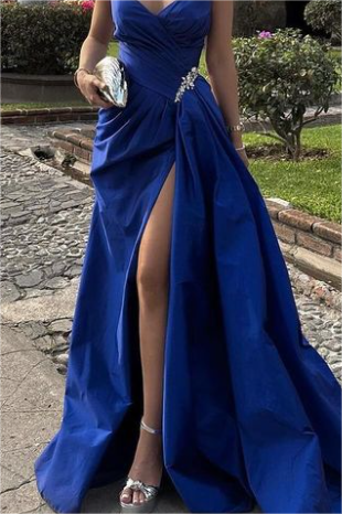 Hellodresses Royal Blue Strapless Sleeveless Deep V Neck Split Prom Dress With Pleated