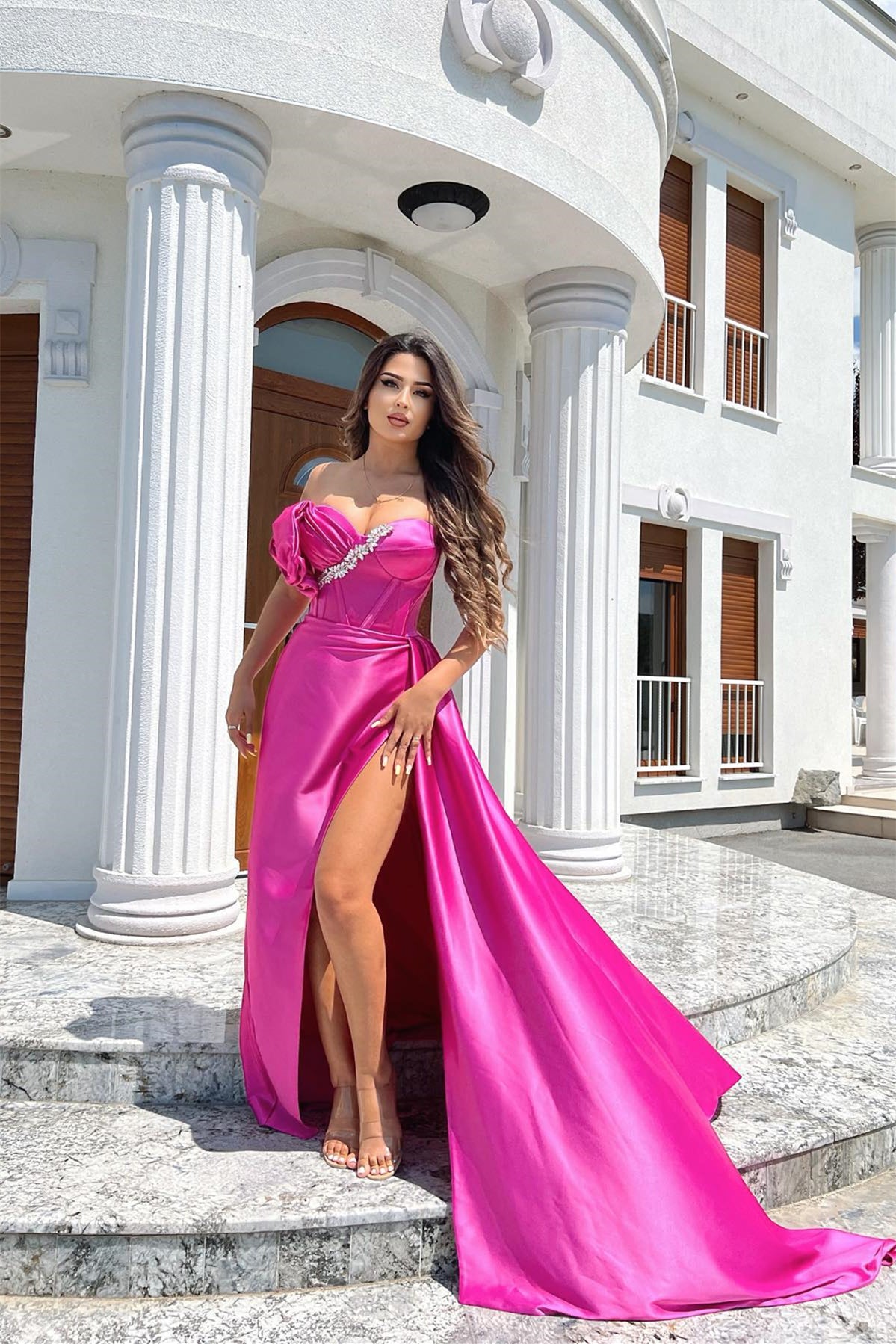 Fuchsia Sleeveless Beadings Mermaid Split Prom Dress with Sweetheart ED0309