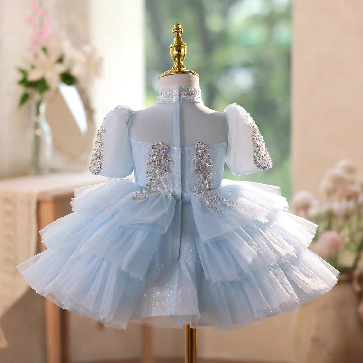 Blue Flower Girl Dress with Beaded Bodice Knee Length J567