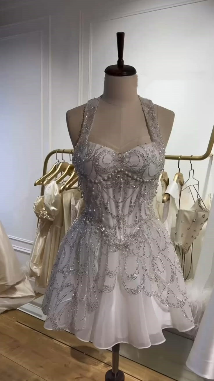 zelldressess-White gorgeous beaded short tulle homecoming dress birthday party dress gh5327