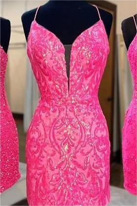 Hellodresses Simple Fuchsia Spaghetti Strap Sleeveless Short Homecoming Dress With Appliques