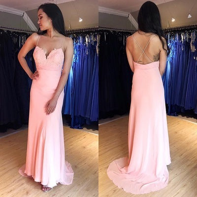 Sweetheart Pink Prom Dress Chiffon Open Back Formal Gown With Spaghetti Straps cg11352
