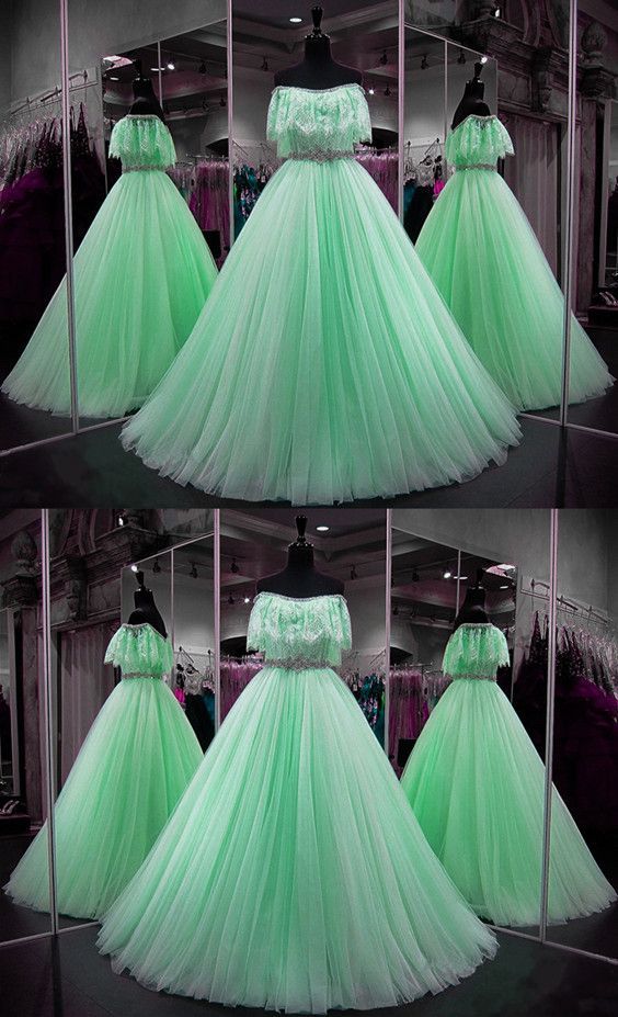 Chic Boho Style Mint Green Prom Dresses Ball Gowns Lace Ruffle Sleeves Evening Gowns Off The Shoulder cg11569
