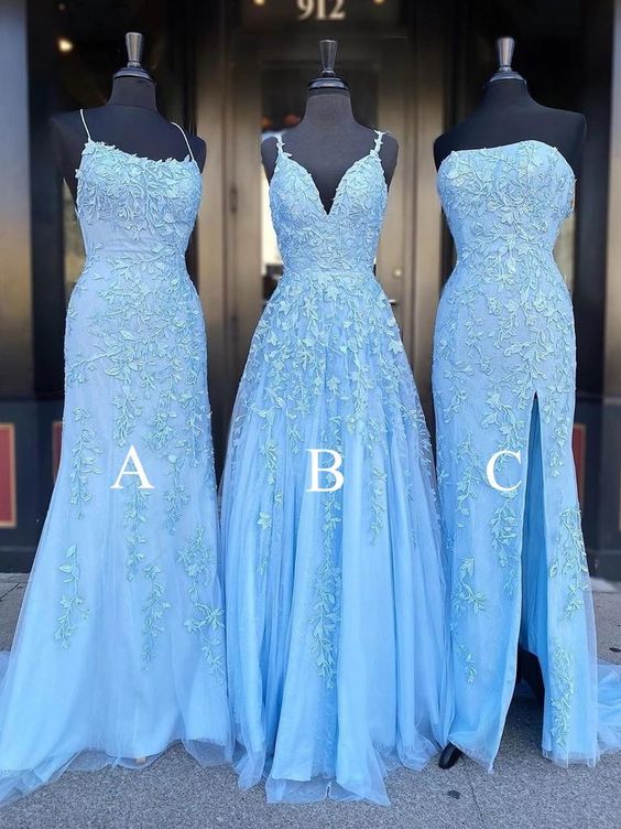 Sheath Spaghetti Straps V-neck Sleeveless Appliques Long Blue Prom Dresses cg11883