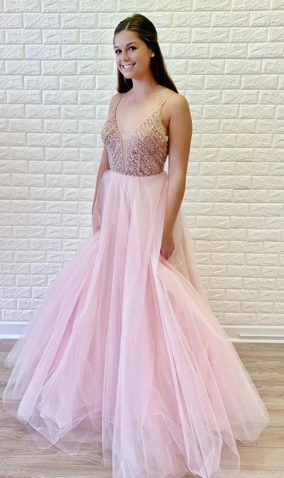 Spaghetti Straps Beaded Long Tulle Pink Prom Dress cg12285