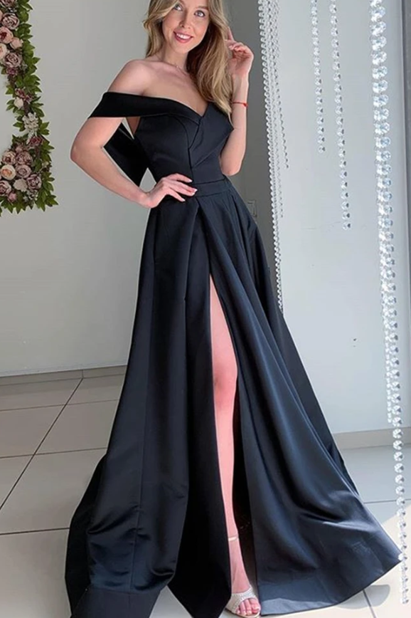 Elegant Off Shoulder Long Black Prom Dress with High Slit, Off the Shoulder Black Formal Dress, Black Evening Dress cg12704