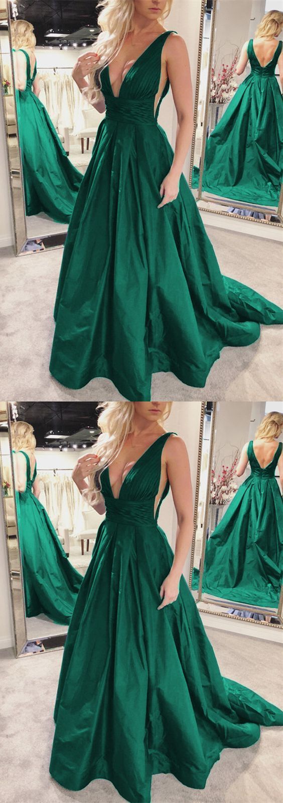 Sexy Plunge V-neck Long Taffeta Green Prom Dresses cg12971
