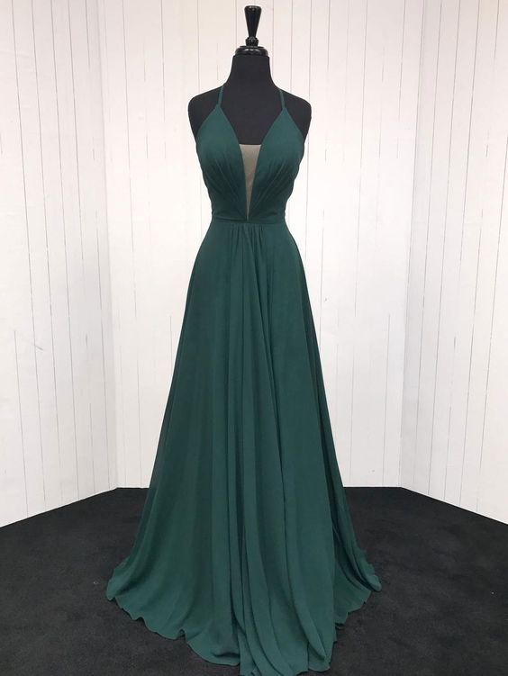 Spaghetti Strap A Line Dark Green Prom Dresses Deep V-neck cg13031