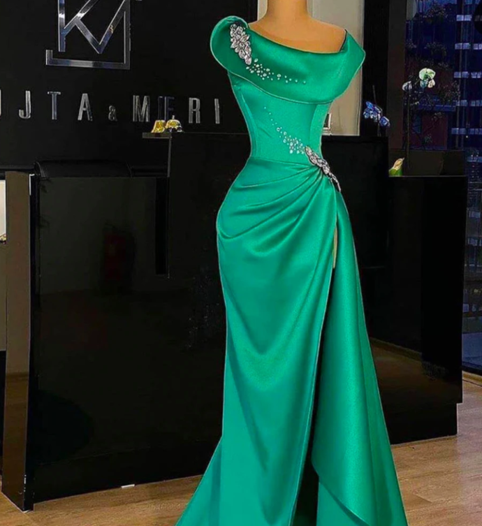 green prom dresses 2020 one shoulder scoop neckline crystal rhinestone side slit pleats long evening dresses gowns cg13487