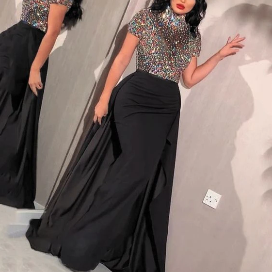 black prom dresses 2020 high neck short sleeve crystal beading sequins mermaid evening dresses cg13548