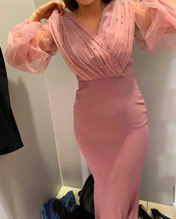 pink prom dresses 2020 v neck pearls long sleeve mermaid satin evening dresses formal dresses cg13594