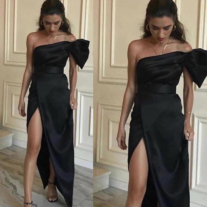 black prom dresses 2020 one shoulder short sleeve ruffle side slit sexy evening dresses cheap formal dress cg13689