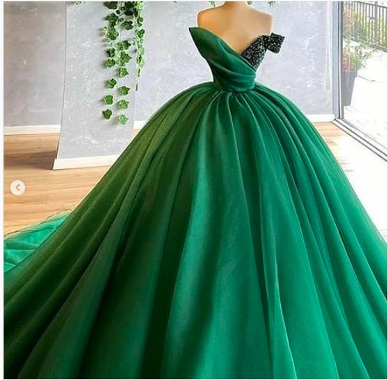 green prom dresses ball gown puffy tulle sequins beading floor length long arabic long evening dresses gowns cg13862