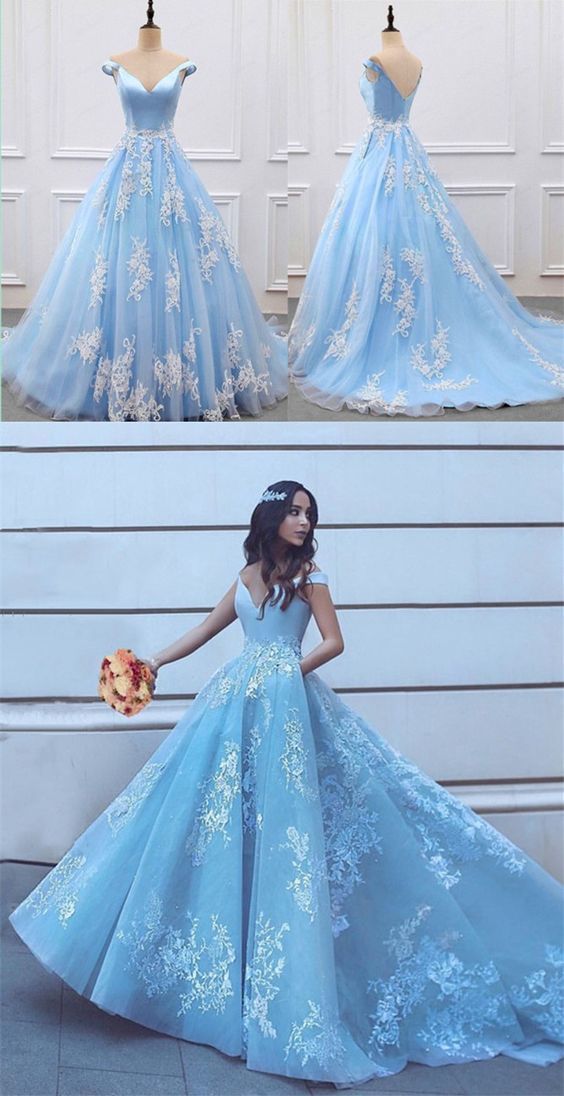 Custom drsses PROM dress is beautiful, elegant v-neck, shoulder-length gown light blue PROM dress PROM dress cg14149
