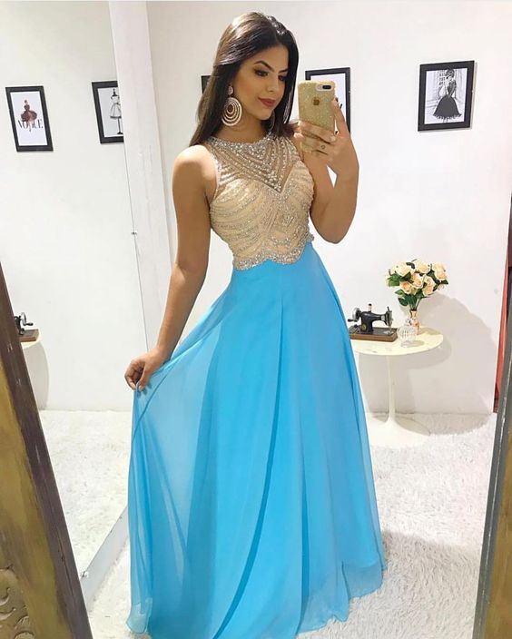 Luxury Blue Prom Dress Beaded Jewel Neck Floor Length Chiffon Elegant Evening Dresses Formal Long Party Gowns cg14158