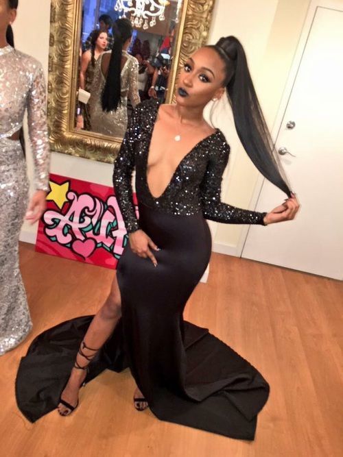 Deep V Neck Long Prom Dress , Sexy Black Prom Dress With Split cg15193