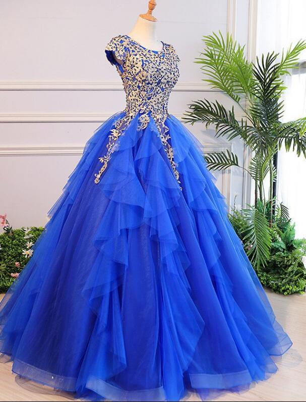 Royal Blue Cap Sleeves Long Ball Gown Party Dress, Blue Prom Dress 2021 cg15302