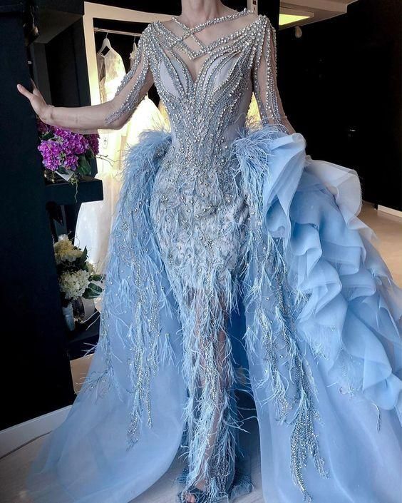 luxury blue prom dresses with detachable skirt beaded crystal feather long sleeve elegant prom gown cg15393