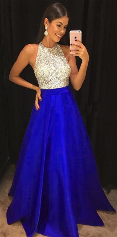 Royal Blue Prom Dresses 2021 Sequins Beaded Halter Satin Ball Gowns Floor Length cg15604