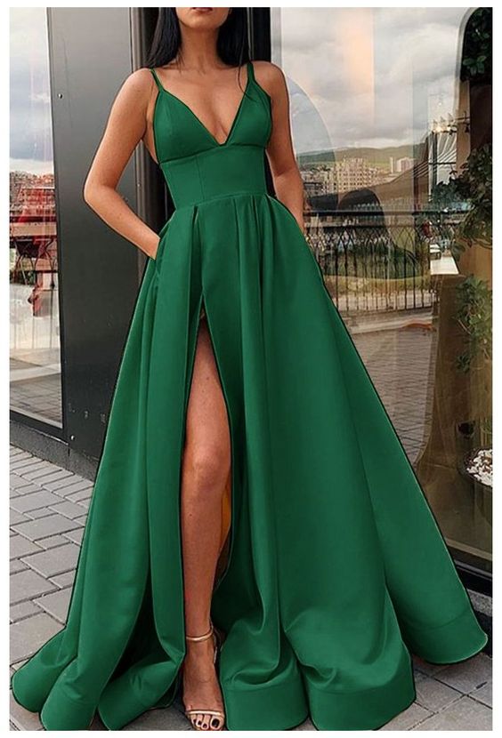 emerald green prom dress long with slit cg16030