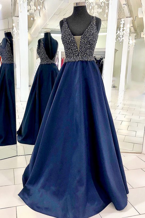 Gorgeous Navy Blue Prom Dress with Rhinestones, Long Prom Dress cg16086
