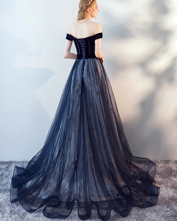 Navy Blue Off Shoulder Tulle With Velvet Long Party Dress, Blue Prom Dress, Evening Dress cg17201
