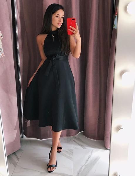 Simple A Line High Neck Tea Length Black Prom Dresses,Tea Length Party Dress cg17425