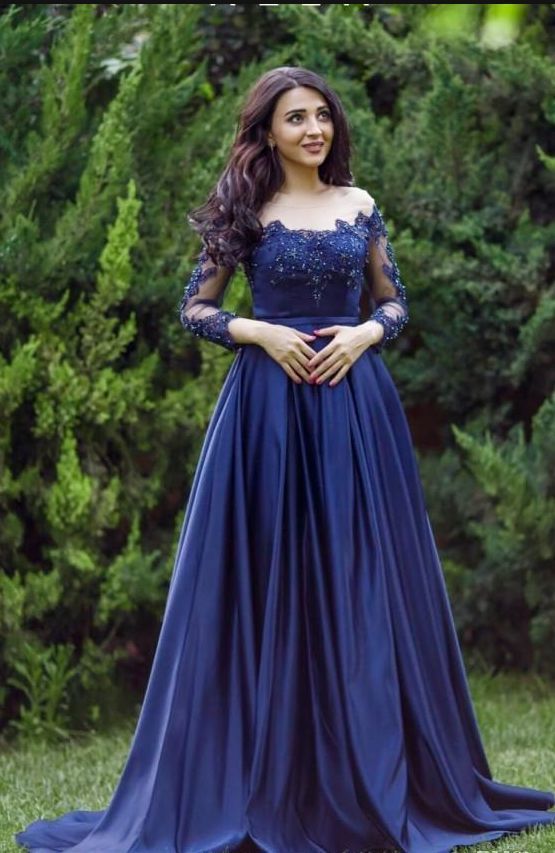 Sexy Lace Formal Prom Dress Long Sleeves Blue Prom Dresses Evening Gowns cg17557