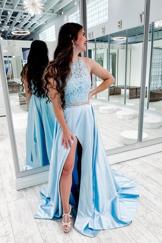 Two Piece Lace Appliques top Sky Blue Prom Dress cg18412