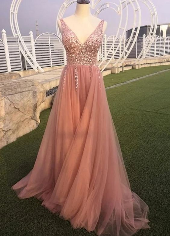 Pink V-neckline Low Back Tulle Beaded Party Dress, Pink Prom Dress, Evening Dress cg18672