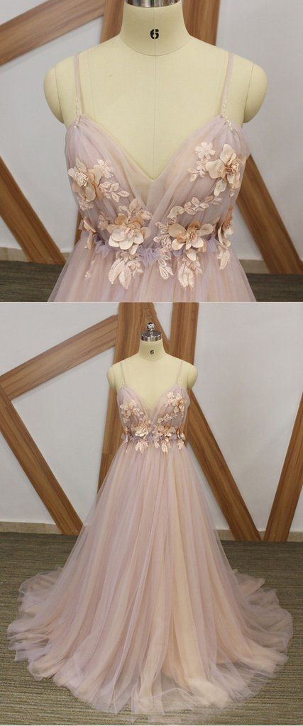 Pink tulle flowers spaghetti strap long formal evening dress, pink prom dress cg18724
