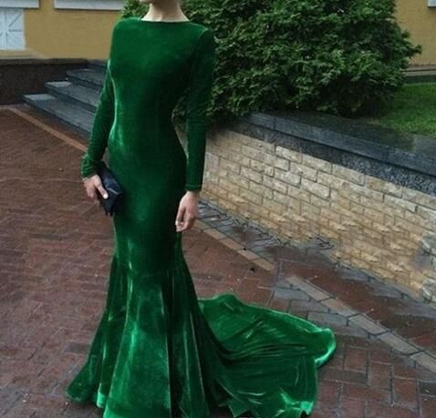 Elegant Green Prom Dress,Long Sleeve Evening Dresses, Velvet Emerald Green Prom Gown cg18952