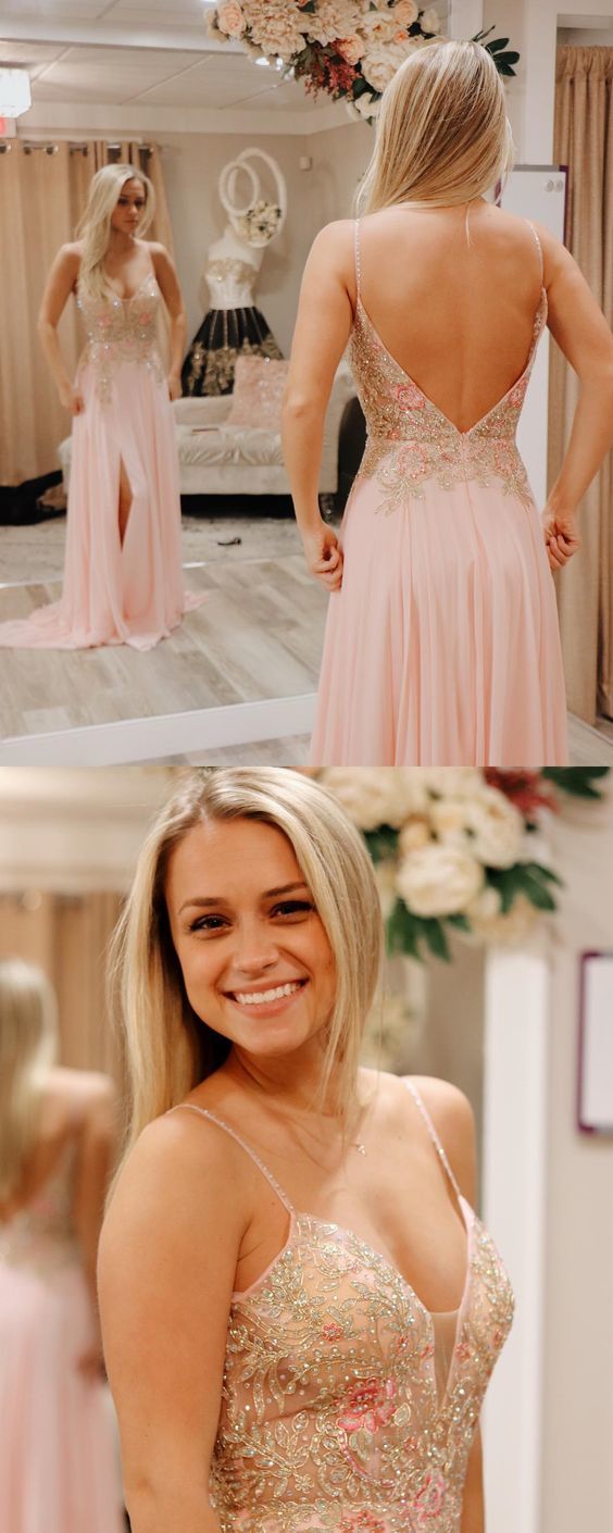 Romantic pink long prom dress with spaghetti straps, chiffon pink prom dress with slit cg19173