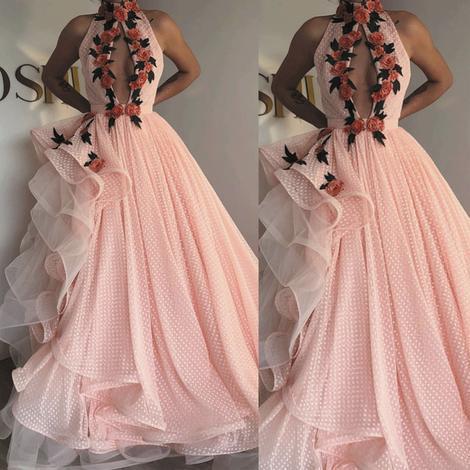 pink prom dresses high neck dotted tulle embroidery appliqué elegant prom gown cg20587