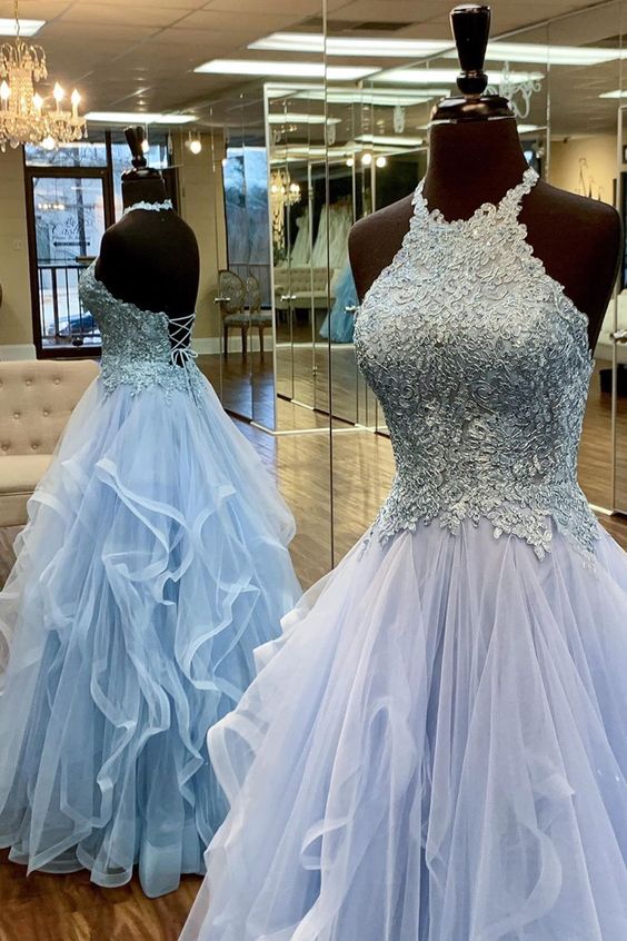 Elegant A-Line Halter Appliques Light Blue Prom Dress cg21171