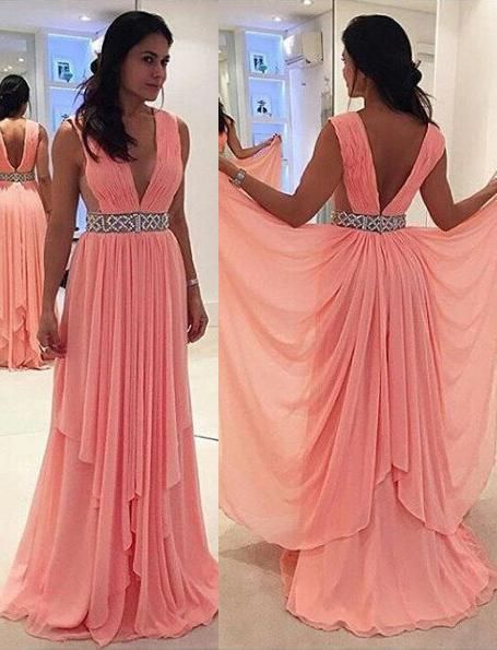 Column/Sheath V-Neck Sleeveless Natural Zipper Floor-Length/Long Chiffon Glamorous Pink Prom Dresses cg21550