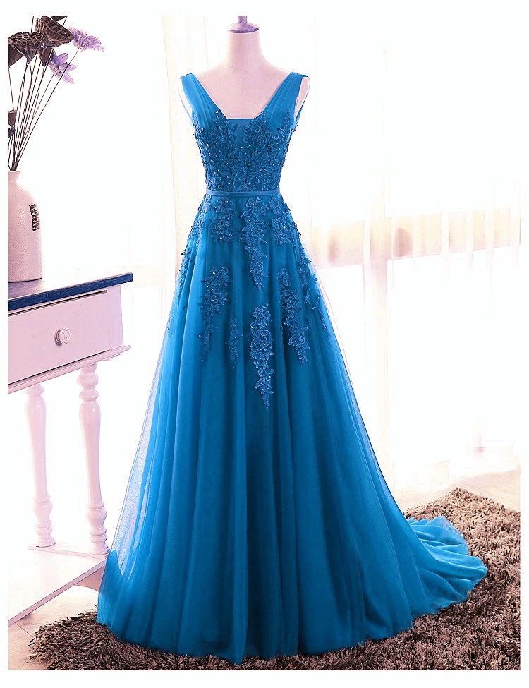 Blue Tull V-Neckline Floor Length Low Back Party Dress, Blue Prom Dress Bridesmaid Dress cg21725